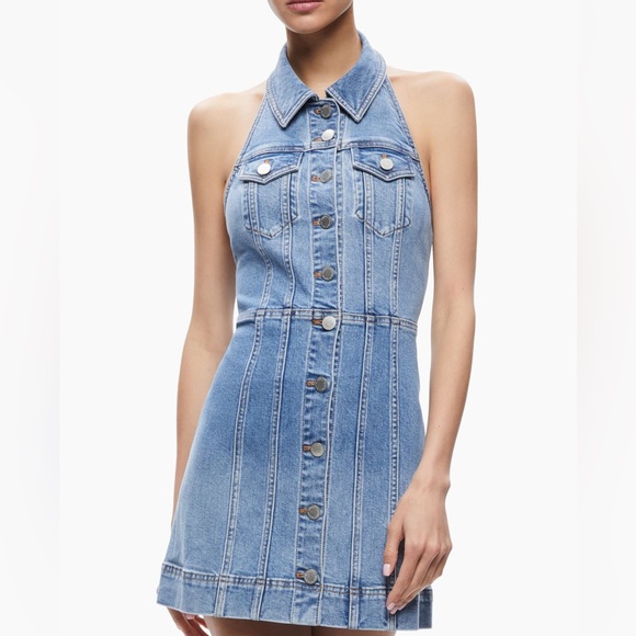 Alice + Olivia Kendall Denim Halter Minidress - Picture 1 of 8